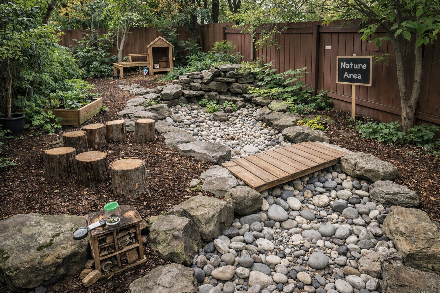 Sunlit backyard play space with a wooden fence and natural details