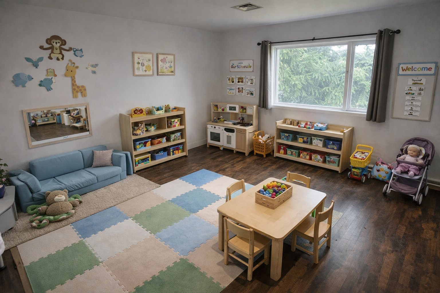 Toddler classroom with low shelves and soft seating